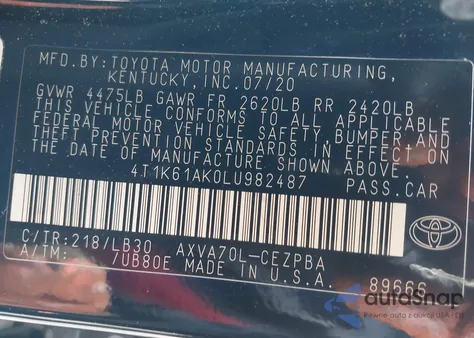 2020 Toyota Camry Xse z USA, uszkodzony, nr VIN 4T1K61AK0LU982487